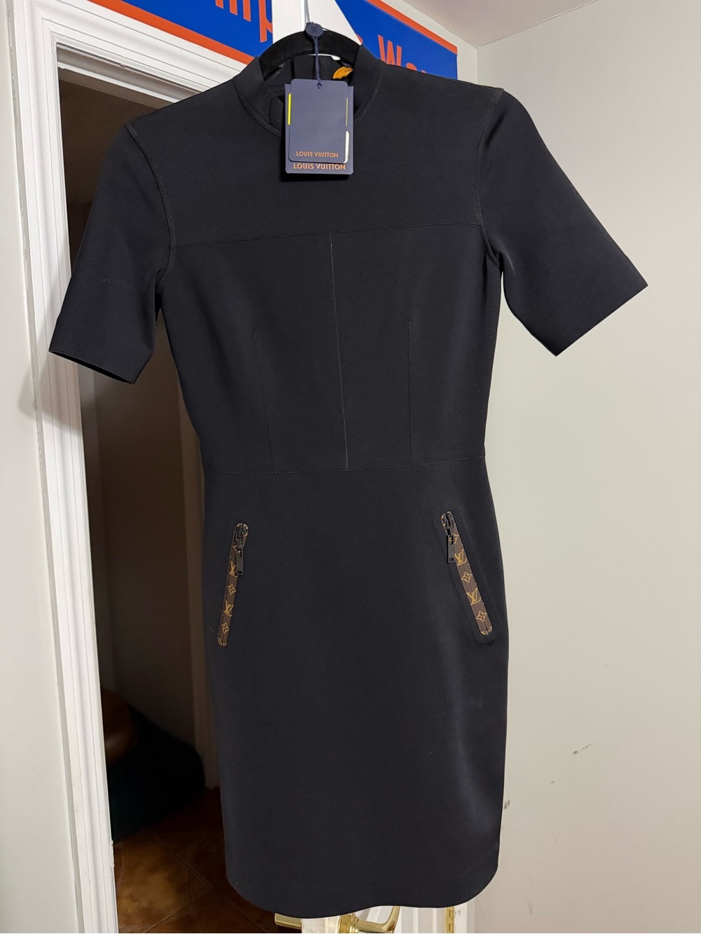 Louis Vuitton Black Short-Sleeve Shift Dress with Monogram Zip Accents